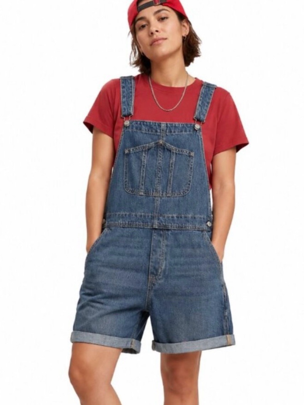 Old Navy Slouchy Jean Cuffed Overall Shorts Blue Karina Wash Size L
